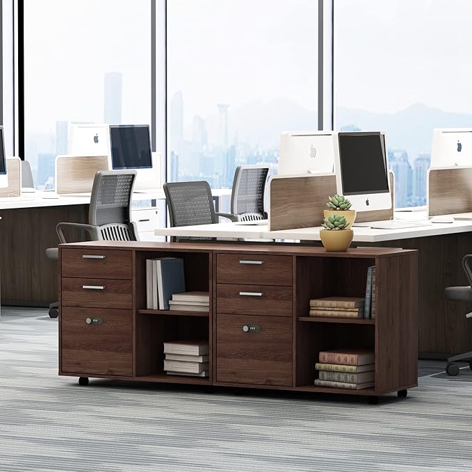 Drawer Wood File Cabinet with Coded Lock Mobile Lateral Filing Cabinet Printer Stand with Open Storage Shelves for Home Office Modern Popular Wood Grain
