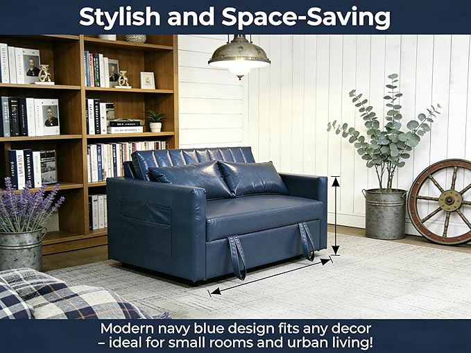 55'' Leather Sofa Bed Pull Out Sleeper Sofa Couch Bed Loveseat Sleeper Futon Sofa Couch with Side Pocket Convertible Sofa Bed for Living Room Apartment Bedroom RV Blue