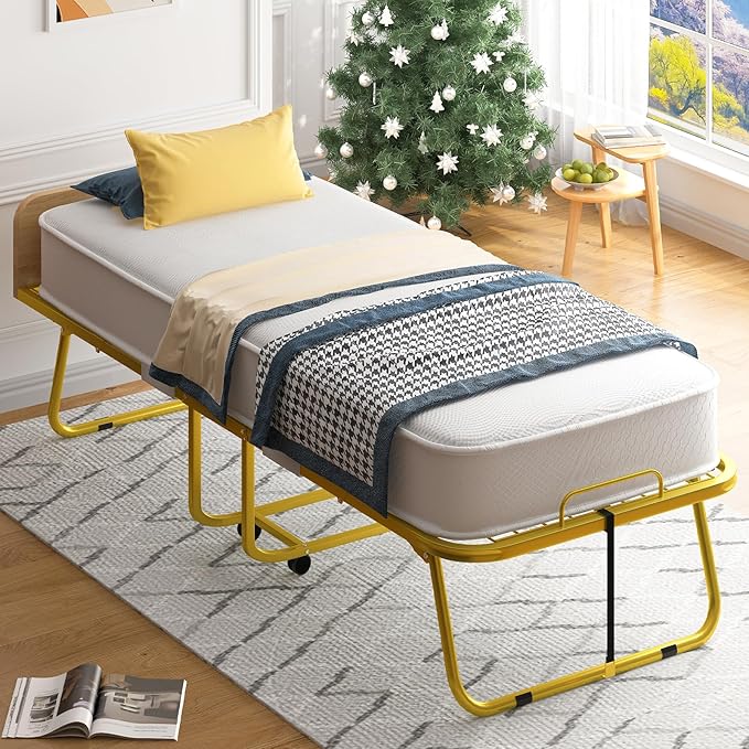 PUREMIND Folding Bed with 5' Mattress &amp Baffles Twin Size 75”x 38” Portable Rollaway Beds for Adults Fold up Bed with Metal Frame Space-Saving Guest Beds for Living Room/Apartment/Office