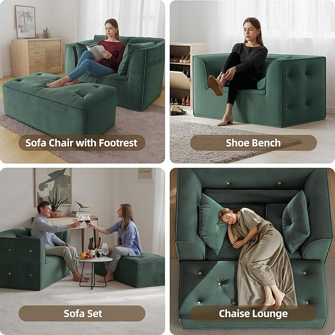 62 Chaise Lounge Chair IndoorDeep Seat Sleeper Sofa Cloud Couch with 3 Soft Pillows and OttomanComfy Cloud Seat for Living Room Apartment Office(Green Chaise Lounge+Ottoman)