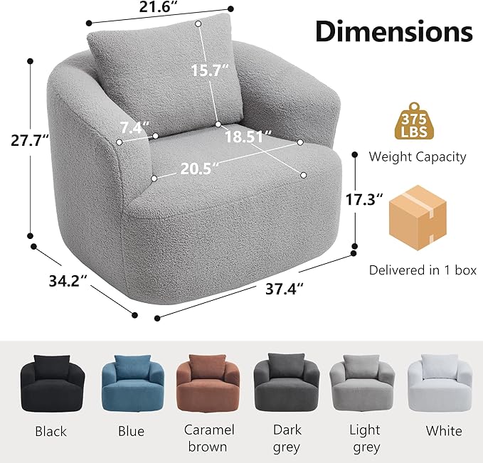 Swivel Accent Chair360° Rotating Barrel ChairTeddy Fleece High-Resilience Sponge Single Sofa Easy Assembly for Living Room Bedroom Apartment Light Grey