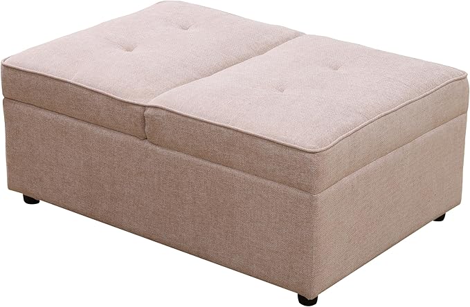 Convertible Ottoman Sofa with Storage Modern Sackcloth Futon Couch with 2 Pillows Adjustable Backrest Recliner Folding Loveseat for Living Room Apartment Dorm OfficePink