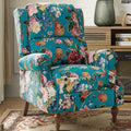 Pushback Recliner Chair Upholstered Floral Fabric Wingback Chair Single Sofa Accent Chair with Wood Legs and Rivet Decoration for Living Room Bedroom Peacock