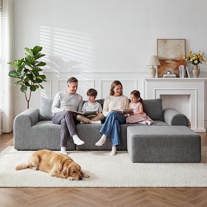 Decofy105.5 Modular Sofa Modern Boneless Sectional Sofa with Footstool No Assembly Required Extra-deep Chenille Fabric Seat L-Shaped Chaise Lounge Sofa Suitable for Living Room (Light Gray)