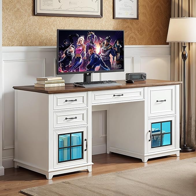 58 Farmhouse Executive Desk with Drawers Wooden Executive Desk with File Drawer LED Light Storage Cabinet Computer Desk with Charging Station Home Office Desk for Work White Walnut