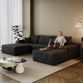 107.7 Boneless Sectional Couch Modern Modular U - Shape Corduroy Upholstered Sofa for Living Room - Deep Seat with Chaise and Ottoman(Black 2 Seater+Left Facing Chaise+Ottoman)
