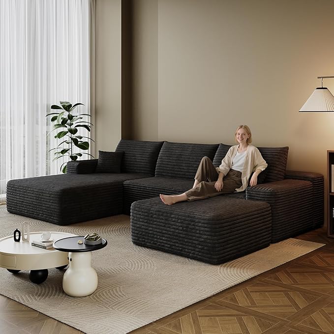107.7 Boneless Sectional Couch Modern Modular U - Shape Corduroy Upholstered Sofa for Living Room - Deep Seat with Chaise and Ottoman(Black 2 Seater+Left Facing Chaise+Ottoman)