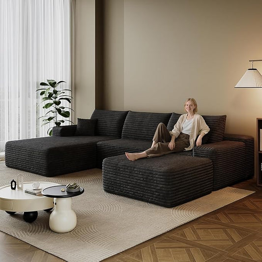 107.7 Boneless Sectional Couch Modern Modular U - Shape Corduroy Upholstered Sofa for Living Room - Deep Seat with Chaise and Ottoman(Black 2 Seater+Left Facing Chaise+Ottoman)