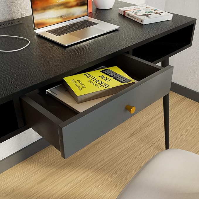 Mid Century Desk with USB Ports and Power Outlet Modern Writing Study Desk with Drawers Multifunctional Home Office Computer Desk Black
