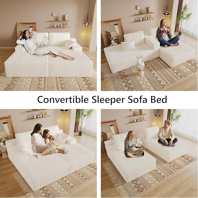 Oversized 80 Double Chaise Lounge Chair Futon Sofa Bed Boneless Cloud Couch Sleeper Sofa Flannel Upholstered Floor Sofa Modular Sectional Loveseat with 2 Throw Pillow &amp Backrest Pillow White