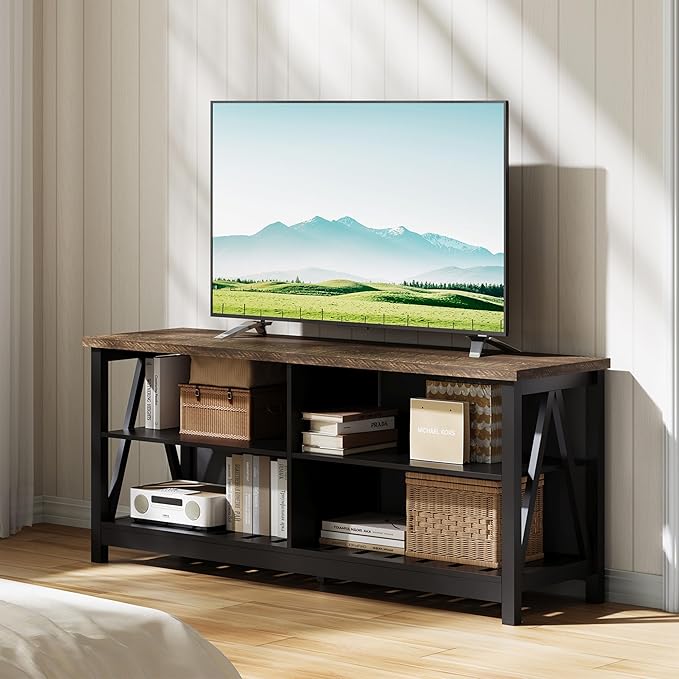 ChooChoo Farmhouse TV Stand for TVs up to 55 Inch Modern Entertainment Center with 4 Open Shelves &amp Built-in Cable Holes Media TV Console for Living Room Bedroom Black