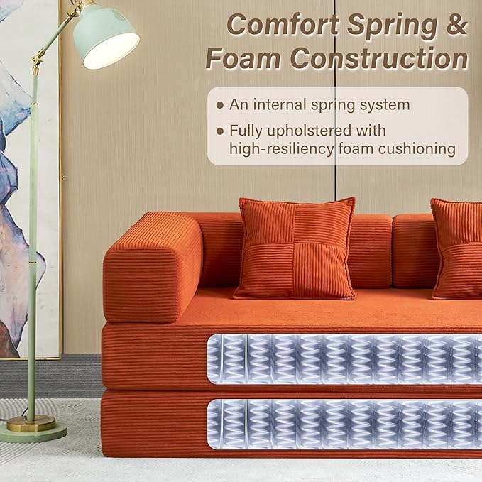 Compression Sofa - 78''Convertible Floor Sofa Bed - with Pillow Back Support Armrest - Comfy Foldable Sofa Bed Compressed Sofa in Box - Corduroy Fabric - for Living Room Bedroom - Tangerine