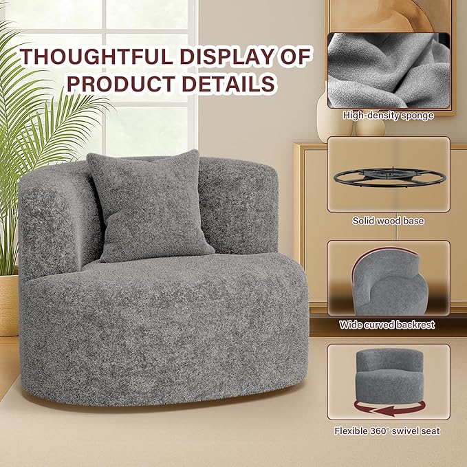 Swivel Accent Chair 360°Soft Accent Chairs Chenille Upholstered Living Room Chairs with Pillow and Curved Backrest No Assembly Arm Chair for Living Room/Bedroom/Office (Light Grey)