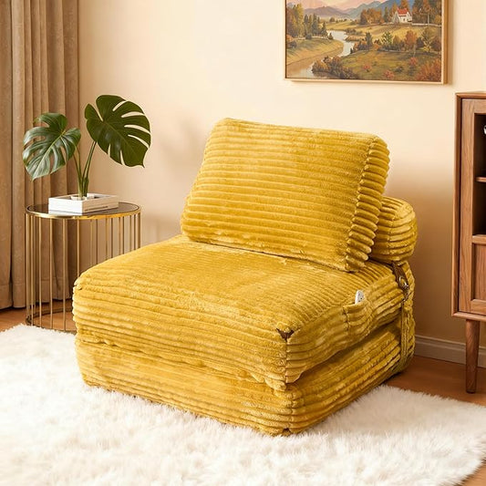 75'' Foldable Sofa Bed Convertible Sleeper Sofa with Pillow Boneless Corduroy Foldable Couch Bed Single Sleeper Chair for Small Spaces Living Room Bedroom StudioYellow
