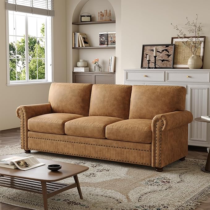 ONBRILL Faux Leather Sofa 84 Inches Nailhead Trim Couch for Living Room Mid-Century Modern Deep Seat Sofa with Rolled Arms Classic 3 Seater Couch for Apartment Office Caramel