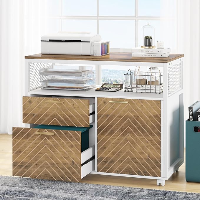 Tribesigns Modern File Cabinet with Drawers for Letter-Sized File and Door lateral Filing Cabinet Printer Stand with Storage Shelves and with Rolling Caster for Home Office