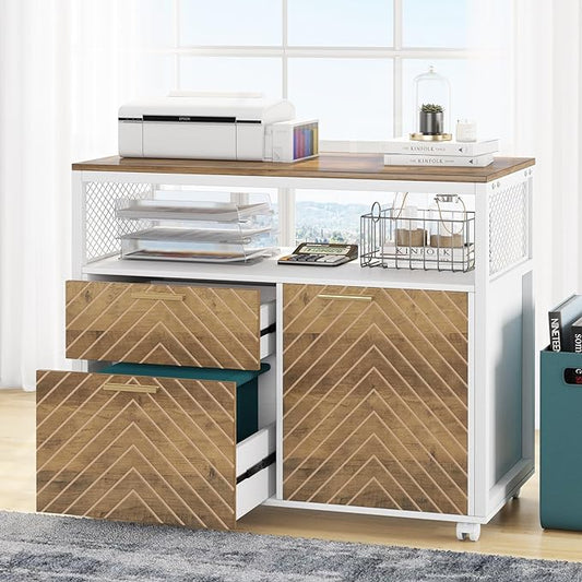 Tribesigns Modern File Cabinet with Drawers for Letter-Sized File and Door lateral Filing Cabinet Printer Stand with Storage Shelves and with Rolling Caster for Home Office
