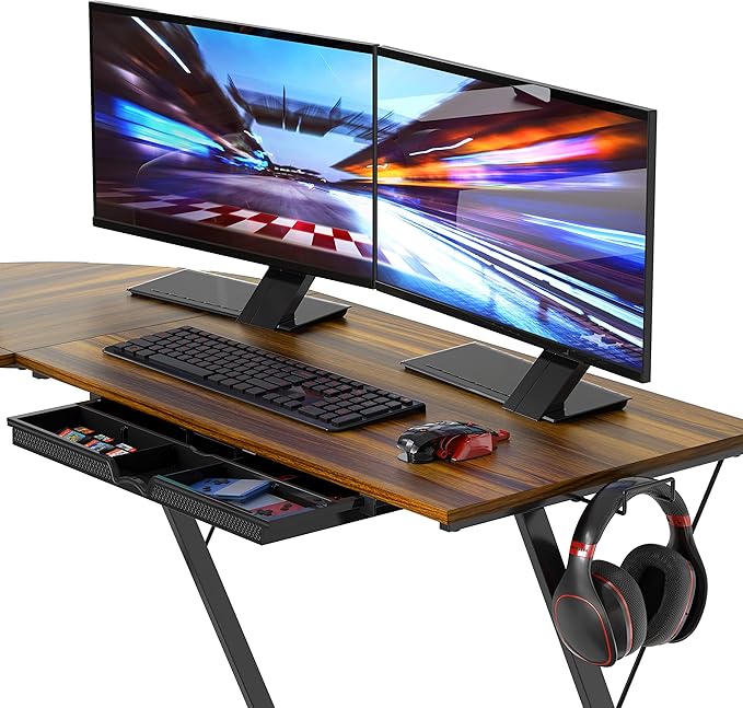 SHW 51 x 51 Inches Vista L-Shaped Desk with Monitor Stand and Drawer Walnut