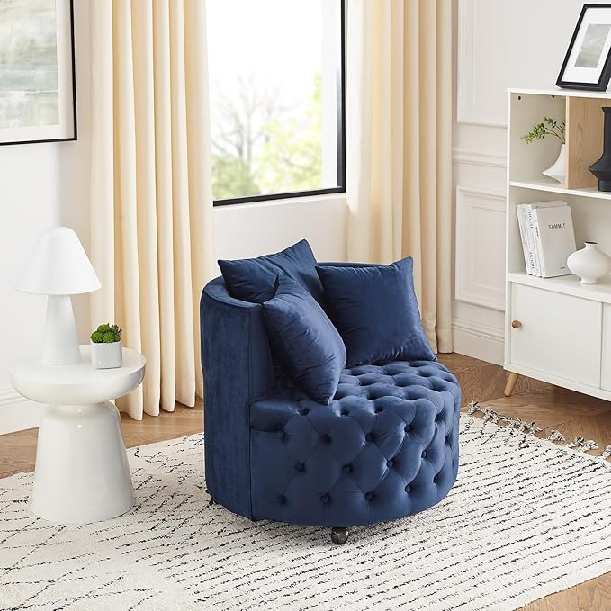 360° Swivel Accent Barrel Chair Velvet Comfy Round Chair with Button Tufted Design &amp 4 Moveable Wheels Upholstered Modern Lounge Reading Chairs for Living Room Bedroom Apartment Clubs(Blue)