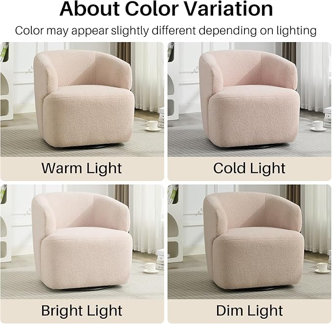 Swivel Accent Chair Sherpa Teddy Barrel Chair for Living Room Cozy Round Boucle Arm Chair Metal Base for Club Nursery Bedroom Light Blush Pink