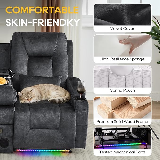 IPKIG Power Recliner Loveseat with Console Zero Wall Hugger Sofa Couch Velvet 2-Seater Sofa with LED Lights AC Outlets USB Ports Cup Holders Grey | Storage Drawer Bluetooth Speaker Living Room