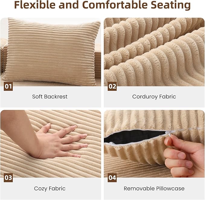 105 Modular Sectional Couches for Living RoomBoneless Couch with L-Shape ChaiseComfy Corduroy Sectional SofaNo Assembly RequiredBeige