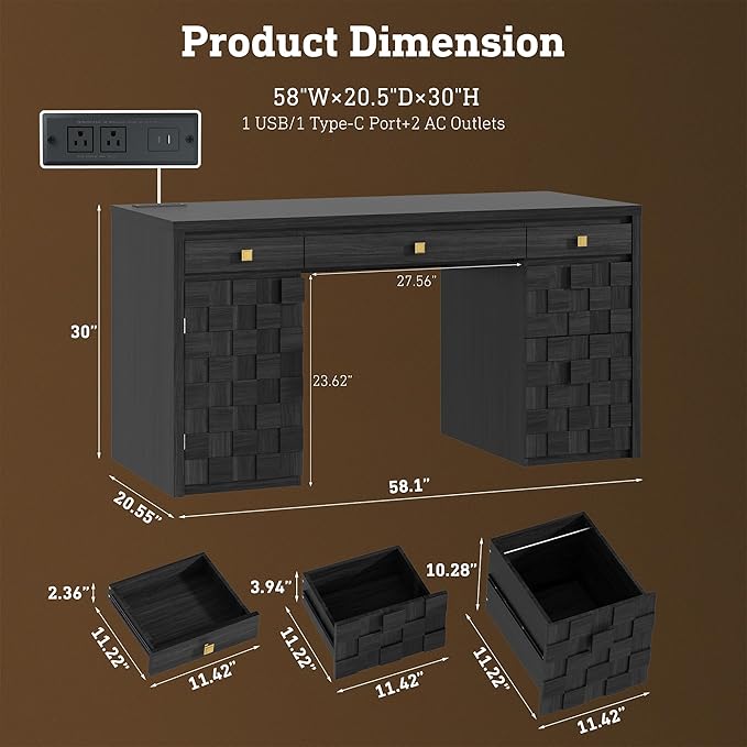 58 Executive Desk with Drawers Home Office Desk with Charging Station &amp Keyboard Tray Wood Office Desk with File Drawer &amp Storage Cabinet Modern Computer Writing Desk with Adjustable Shelf