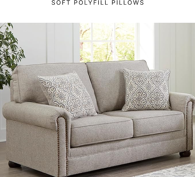 Signature Design by Ashley Gaelon Transitional Loveseat with Nailheads and 2 Accent Pillows Beige