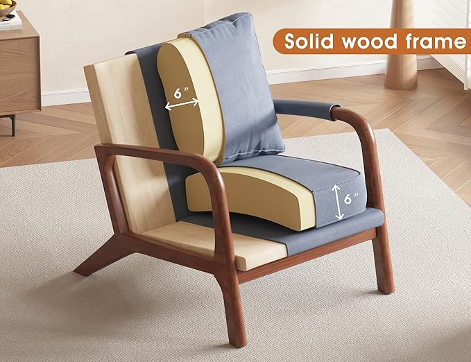 Mid Century Modern Chair Upholstered Lounge Arm Chair with Solid Wood Frame Comfy Accent Chair for Living Room Bedroom Reading Reception Grayish Blue
