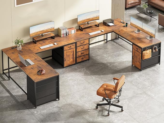 SEDETA L Shaped Desk 63 Computer Desk with 5 Drawer &amp Power Outlet Long Home Office Desk or Corner Desk L Shaped Corner Desk with Monitor Shelf Storage Cabinet Rustic Brown