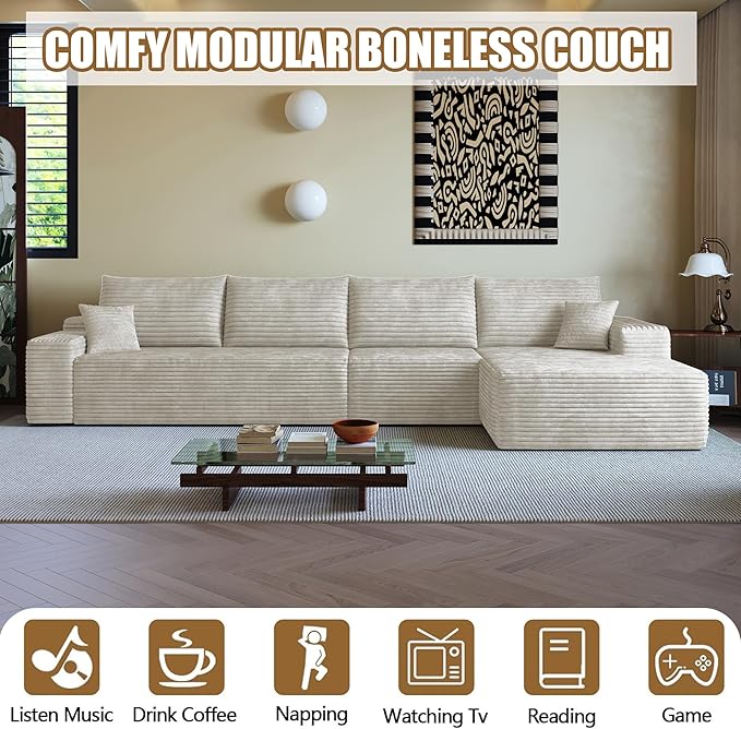 135.4 Boneless Couches for Living Room Modular Sectional Sofa with Oversized Chaise L-Shape Cloud Couch with Deep Seat High-Density Memory Foam No Assembly Required (White Right Facing Chaise)