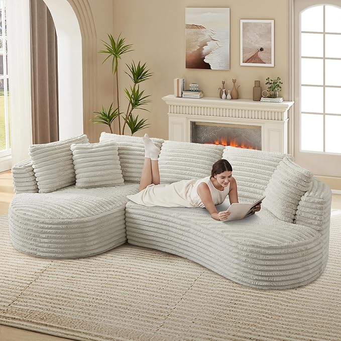 120W Oversized Modern Curved Cloud CouchCorduroy Modular Sectional Sofa with Chaise L Shaped Boneless Couch Compression Foam Sofa for Living Room Bedroom No Assembly Required(Left Facing Cream)