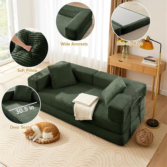 81'' Futon Sofa Bed Folding Floor Couch Bed Corduroy Fabric Boneless Couch Compressed Boneless Sofa in a Box Comfy Sleeper for Living Room-Green