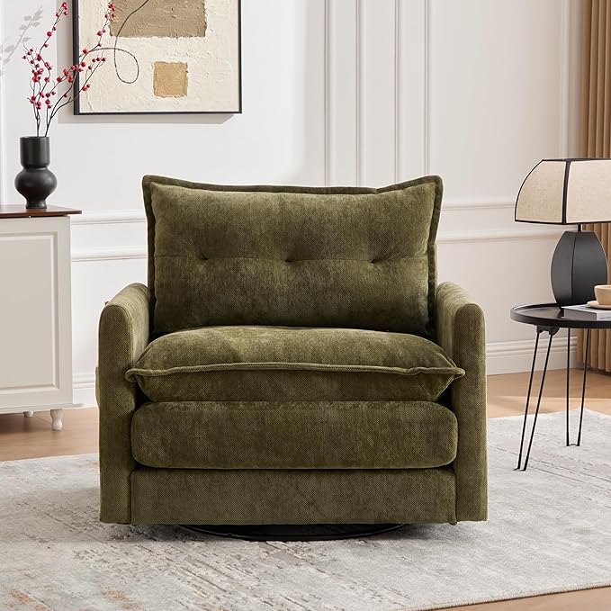 Swivel Accent Chair Modern Chenille Arm Chair Comfy Upholstered Accent Chair with 360 Degree Rotating Metal Base Single Sofa Chairs for Living Room Bedroom Reading Room Olive Green