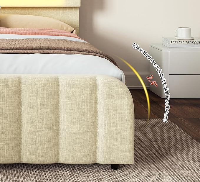 Full Bed Frame with 2 Storage Drawers Modern Linen Bed with Upholstered Headboard Bed Frame with Adjustable Upholstered Headboard &amp LED Lights No Box Spring Needed Beige