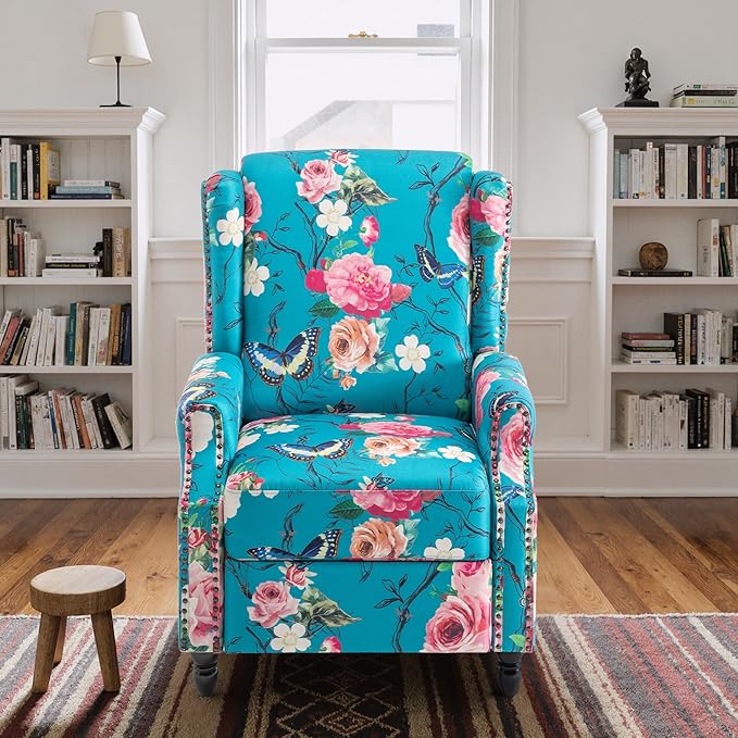 Floral Pushback Recliner Chair Fabric Upholstered with Rivet Trim for Living Room Home Theater Accent Club Chair - Peacock Blue Rose