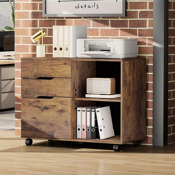 File Cabinet with 3 Drawers Mobile Lateral Filing Cabinet with Open Storage Shelves for Home Office Under Desk Storage Brown