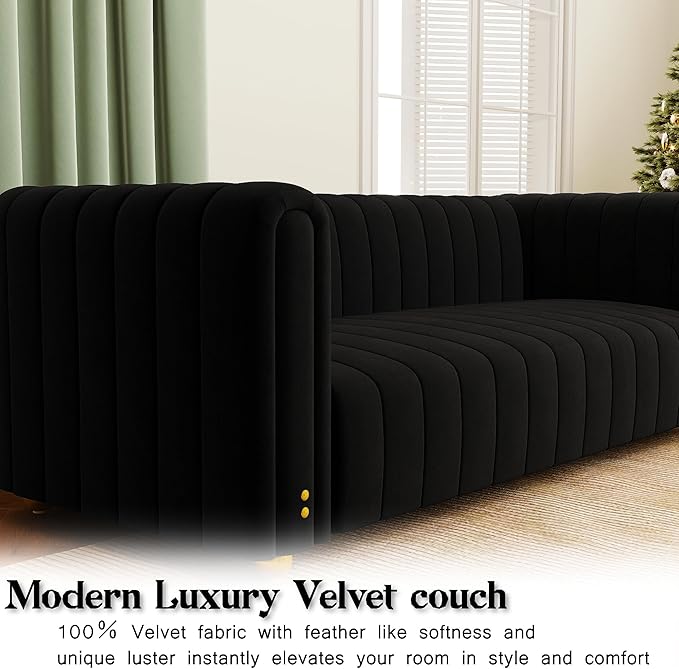 81 Black Velvet Couch for Living Room Large Modern Sofa Comfy Tufted Sofas Chesterfield Couches with Round Handrails and Metal Ball Legs Office Apartment Furniture