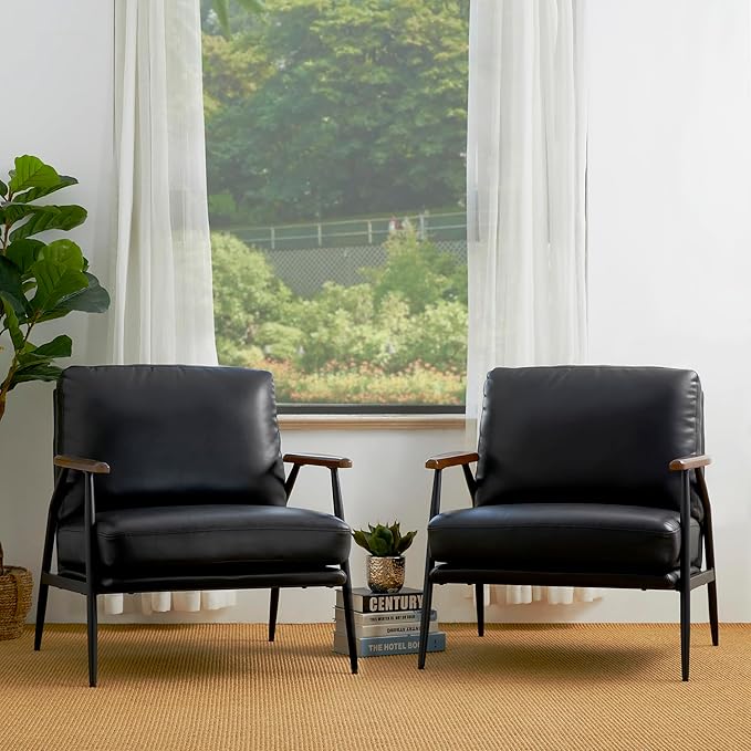 Glitzhome Mid-Century Modern Accent Chair PU Leather Ultra Soft Living Room Armchair Lounge Chairs with Steel Frame &amp Wooden Armrest for Living Room Home Office Reading Room Black