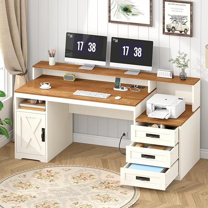 TVU Farmhouse Computer Desk with Drawers 65'' Home Office Desk with Power Outlets Storage Cabinet and Printer Stand Study Writing Desks with Long Monitor Stand Brown and White