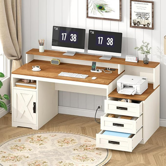 TVU Farmhouse Computer Desk with Drawers 65'' Home Office Desk with Power Outlets Storage Cabinet and Printer Stand Study Writing Desks with Long Monitor Stand Brown and White