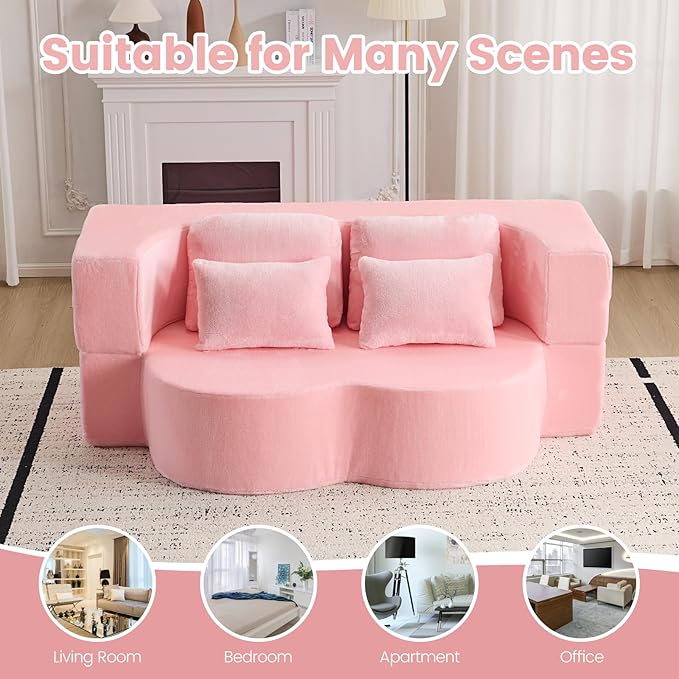 78” Convertible Folding Sofa Bed Full Size Sleeper Loveseat Chenille Full Foam Floor Couch for Living Room Bedroom No Assembly Required (Pink)
