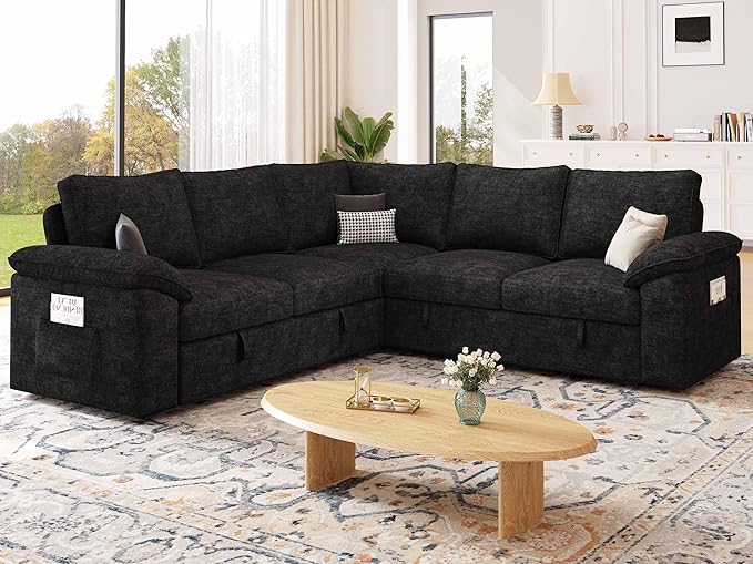 85 Inch Modular Sectional Sofa with Pull Out Bed L Shaped 5 Seat Sectional Sleeper Sofa with Storage Sectional Couches for Living Room Cloud Modular CouchRemovable Sofa Cover Black