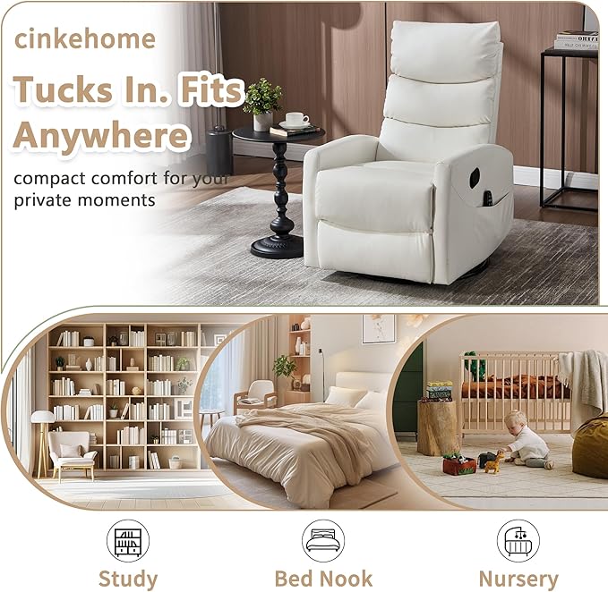 cinkehome Swivel Rocker Recliner Chair Upholstered Nursery Glider Recliner Chair with Heated Massage High Back Side Pocket (White PU Leather)
