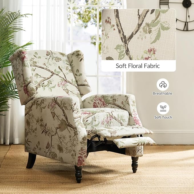 HULALA HOME Wingback Recliner Chair Traditional Push Back Recliner Single Sofa Chair with Solid Wood Legs Modern Lounge Armchair for Living Room Comfy Upholstered Accent Reclining Bird