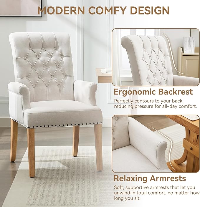 Fabric Dining Chair with Arms Upholstered Tufted High Back Dining Room Chairs Accent Armchair with Solid Wood Leg and Nailhead Trim Kitchen Dining Living Room Beige