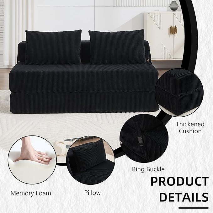GNIXUU Fold Out Couch 3-in-1 Convertible Futon Sofa Bed with 2 Pillows Corduroy Foldable Floor Chair Boneless Loveseat Couches for Living Room Bedroom Small Spaces Black