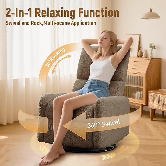 360° Rocking Chair Nursery Rocker Chair with Side Pockets Glider Nursing Chair with Steel Structure Base Small Chair for Small Spaces Sherpa Swivel Accent Chairs for Living Room Nursing