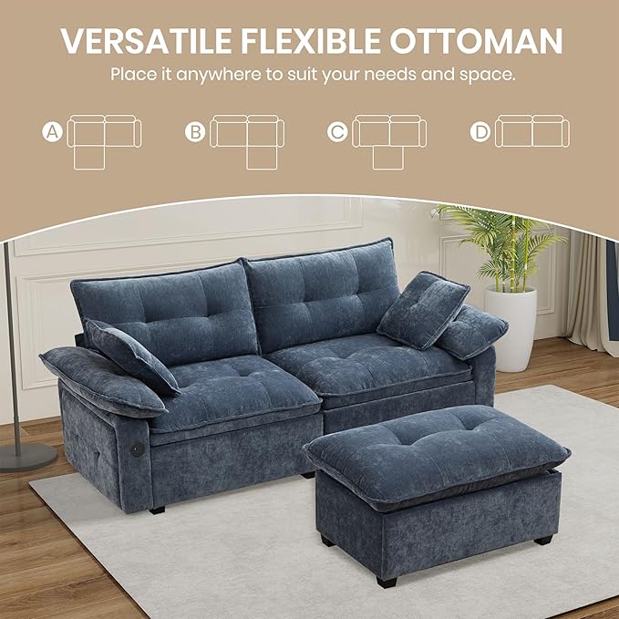 89 Modular Sectional Sofa Comfy Cloud Couch with Movable Ottoman Chenille Sectional Deep Seat Sofa with Throw Pillows/USB Ports for Living Room Office and Apartment (Blue)