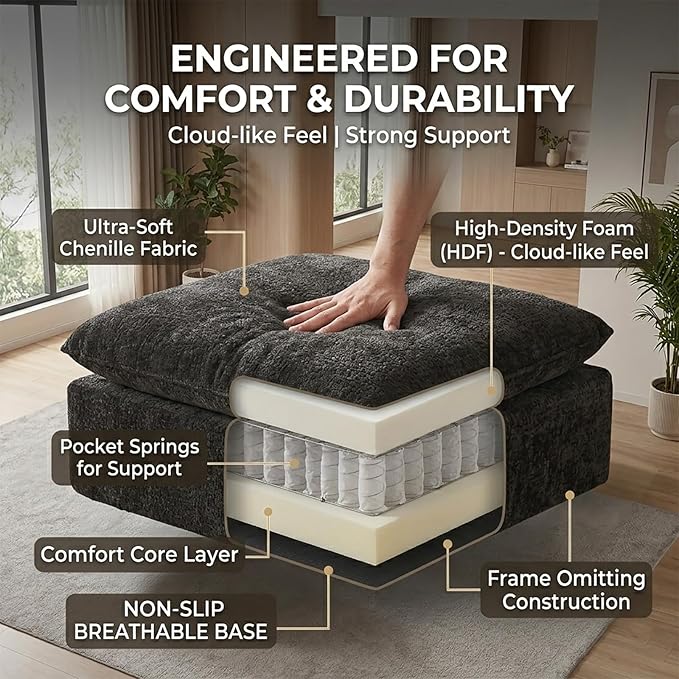 Luxury Modular Sectional Sofa with 2 Ottomans 6-Piece Oversized Cloud Couch Black Chenille Fabric Boneless Sofa for Living Room &amp Bedroom | Boneless Couch Chenille Fabric Sectional Sofa
